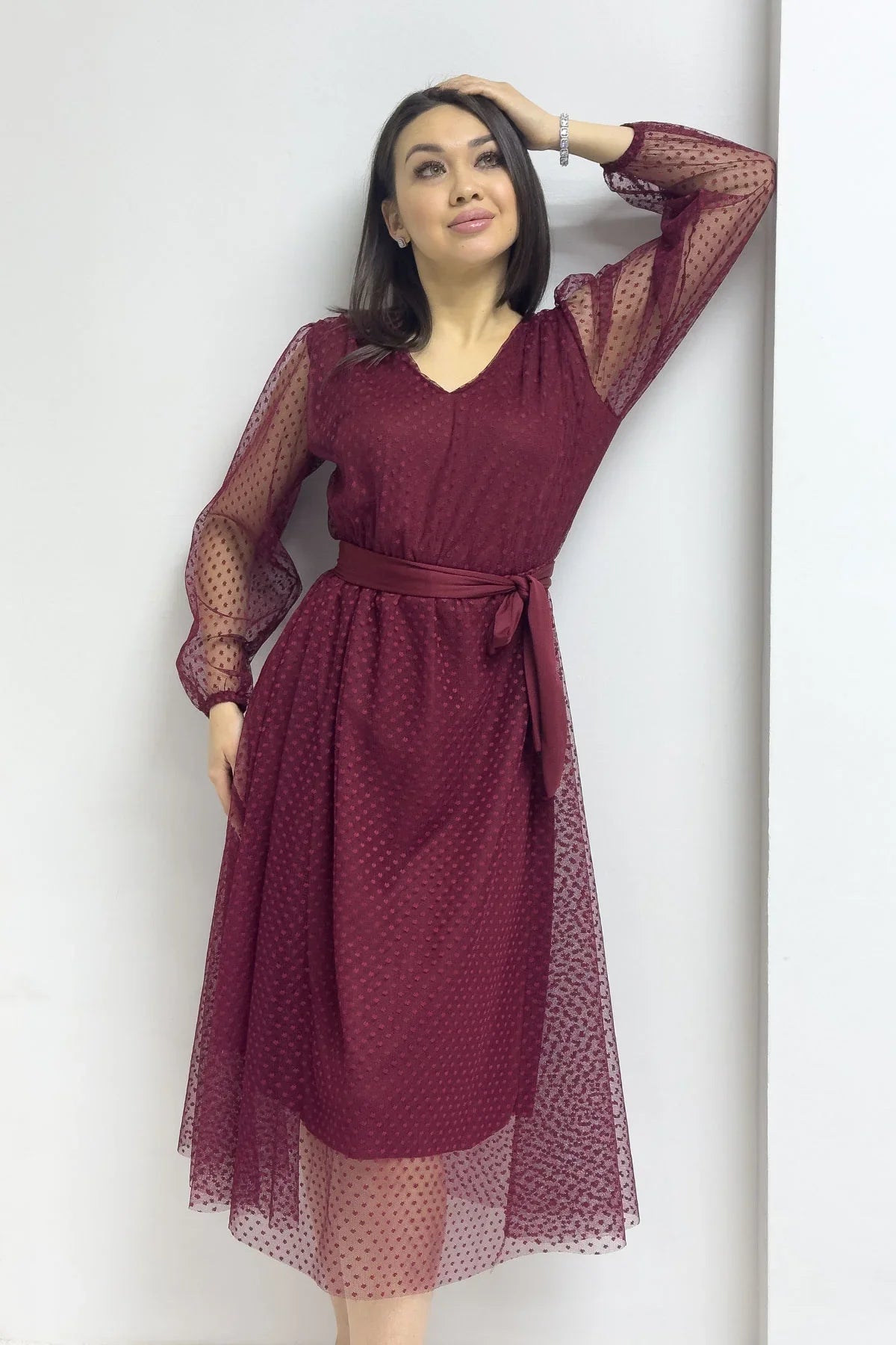 Women's Burgundy Puantiyeli Belted V-Neck Flared Dress