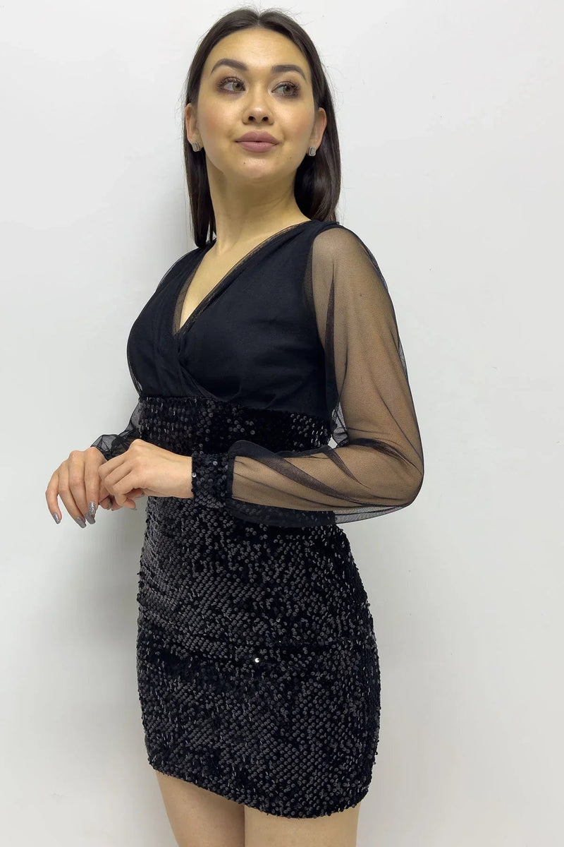 Women's Black Wrap Neck Sequin Mini Evening Gown