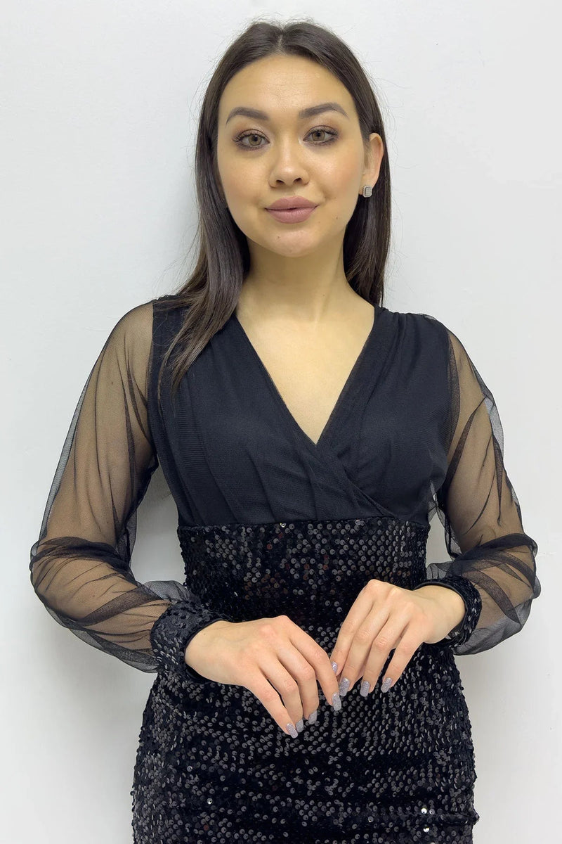 Women's Black Wrap Neck Sequin Mini Evening Gown