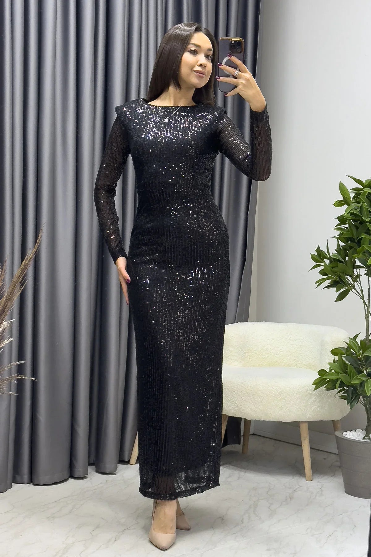 Women's Black Karpuz Sleeve Long Sequin Evening Gown