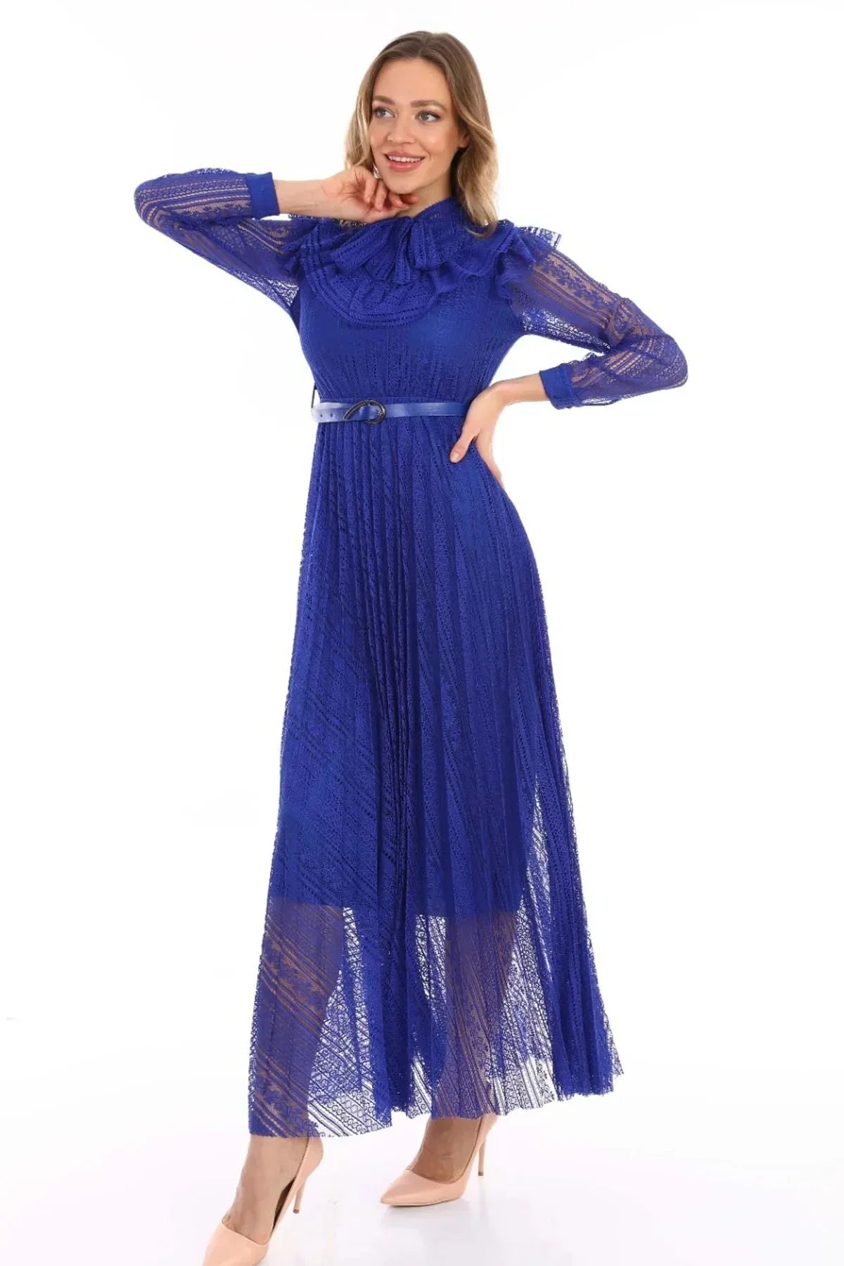 Women's Saxe Halter Tie Fiyonk Detail Leather Belted Güpür Plus Size Evening Gown