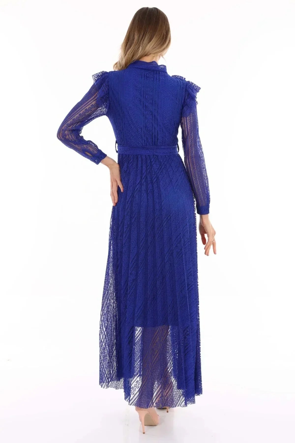 Women's Saxe Halter Tie Fiyonk Detail Leather Belted Güpür Plus Size Evening Gown