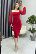 Red Square Neck Drapedd Dress