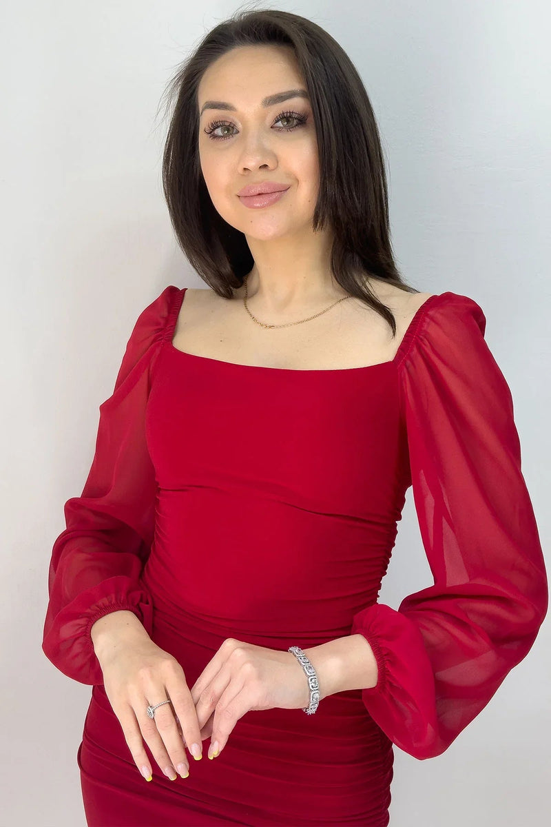 Women's Red Square Neck Draped Dress