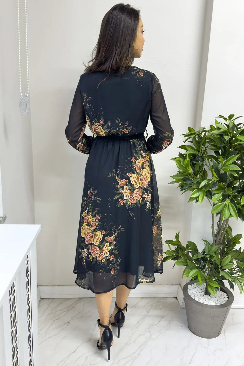 Women's Yellow Çiçek Patterned Balloon Sleeve Wrap Midi Chiffon Dress - the ZKS