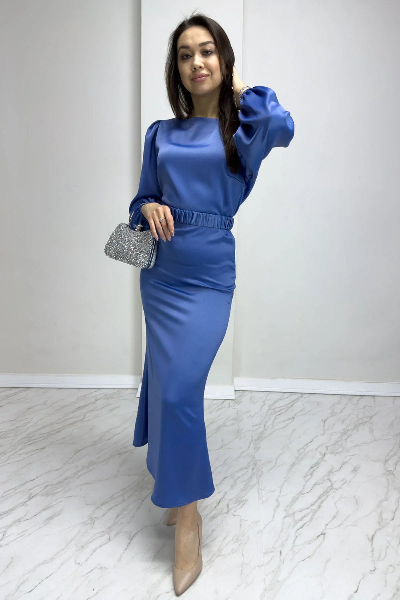 Women's Indigo Belted Balloon Sleeve Midi Satin Plus Size Evening Gown