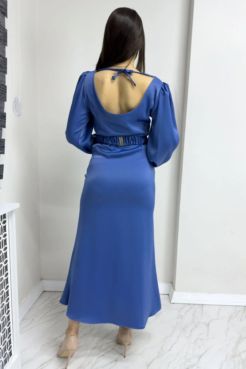 Women's Indigo Belted Balloon Sleeve Midi Satin Plus Size Evening Gown