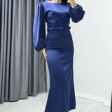 Navy Blue Midi Satin Evening Dress