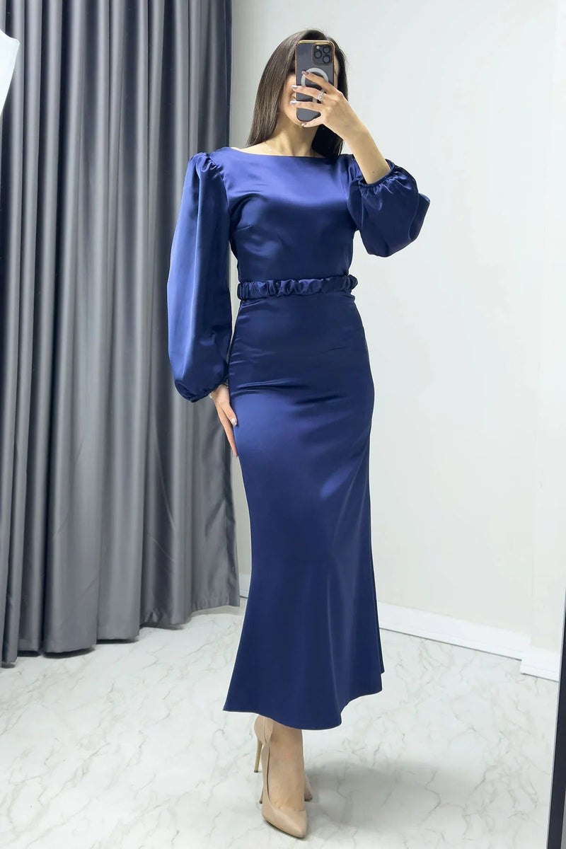 Women's Navy Blue Belted Balloon Sleeve Midi Satin Plus Size Evening Gown