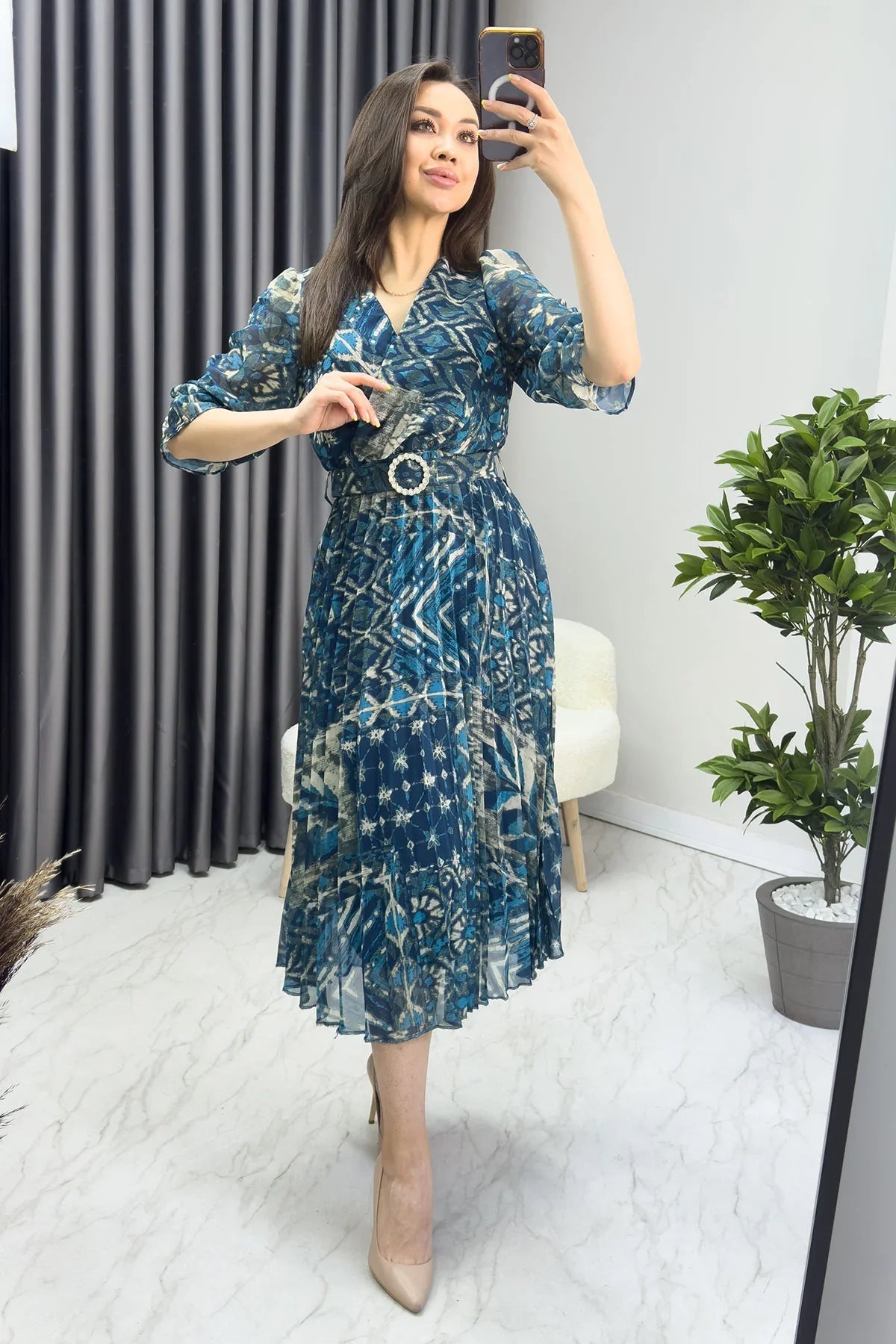 Women's Blue Patterned Pleated Short Sleeve Taş Belted Chiffon Dress