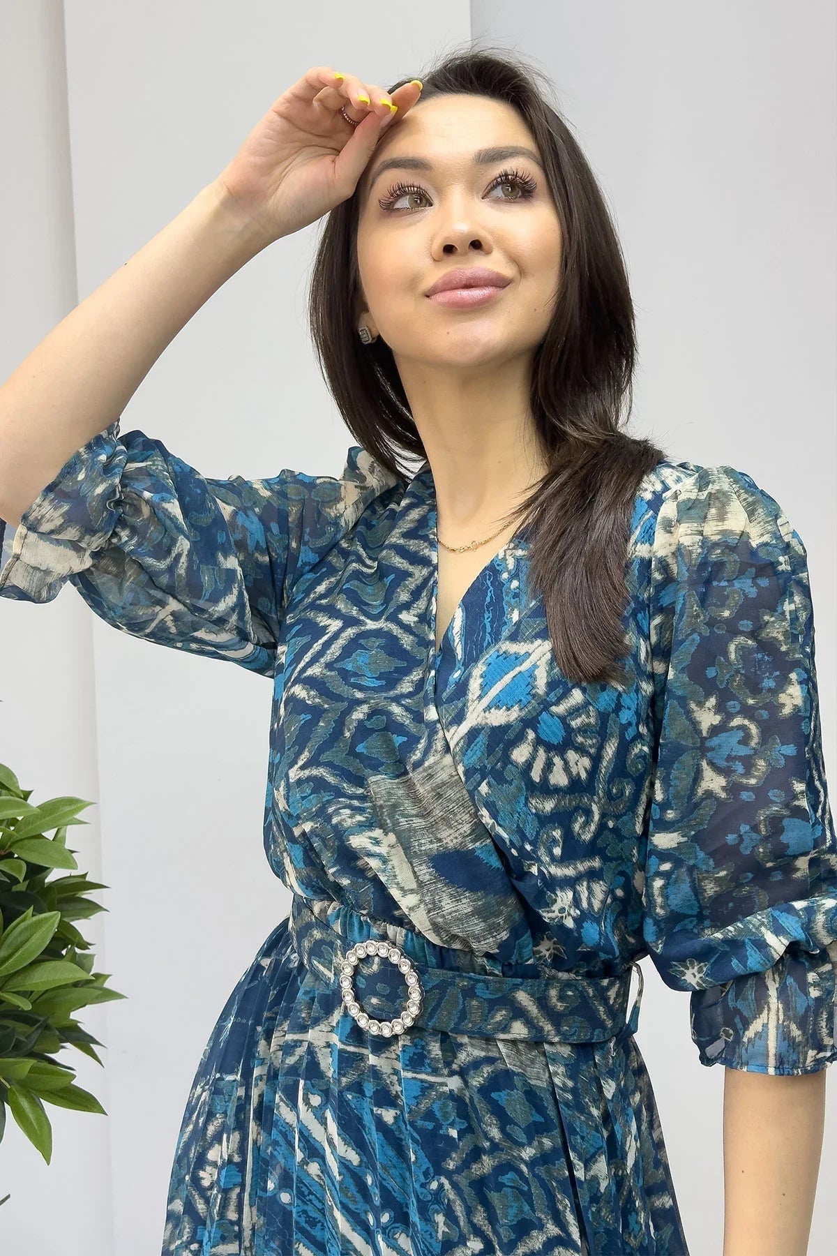 Women's Blue Patterned Pleated Short Sleeve Taş Belted Chiffon Dress