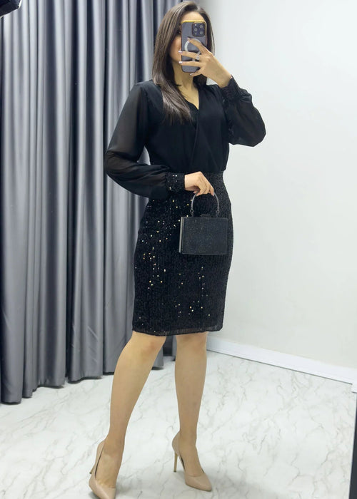 Black Midi Sequin Evening Dress