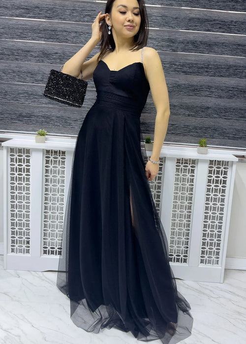 Schwarzes Maxi-Abendkleid mit Steinbesatz und Trägern