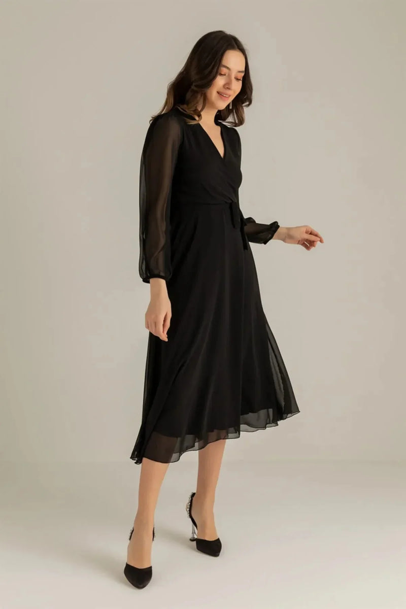 Women's Black Balloon Sleeve Wrap Midi Chiffon Dress