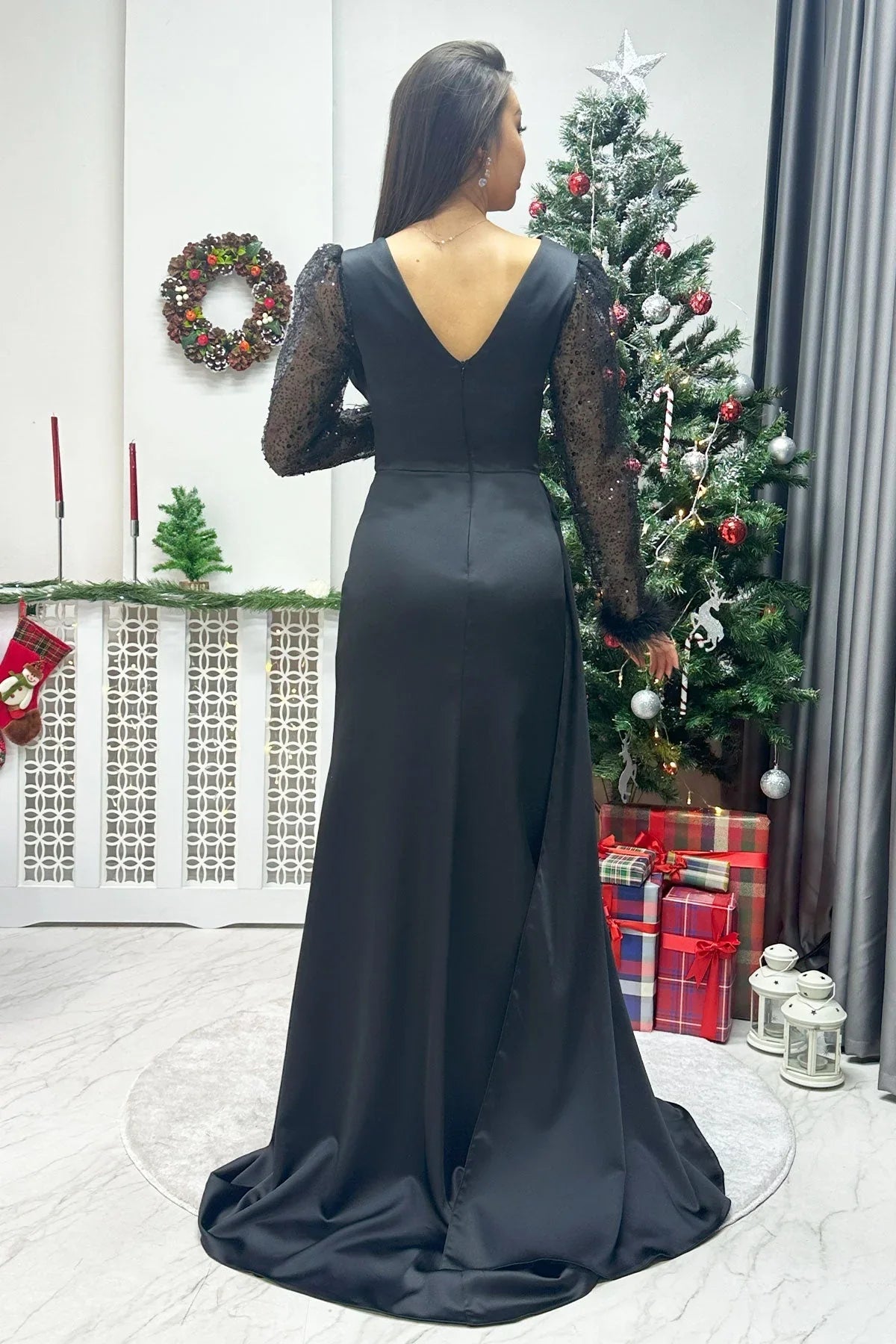 Women's Black Draped Satin Train Plus Size Evening Gown - the ZKS