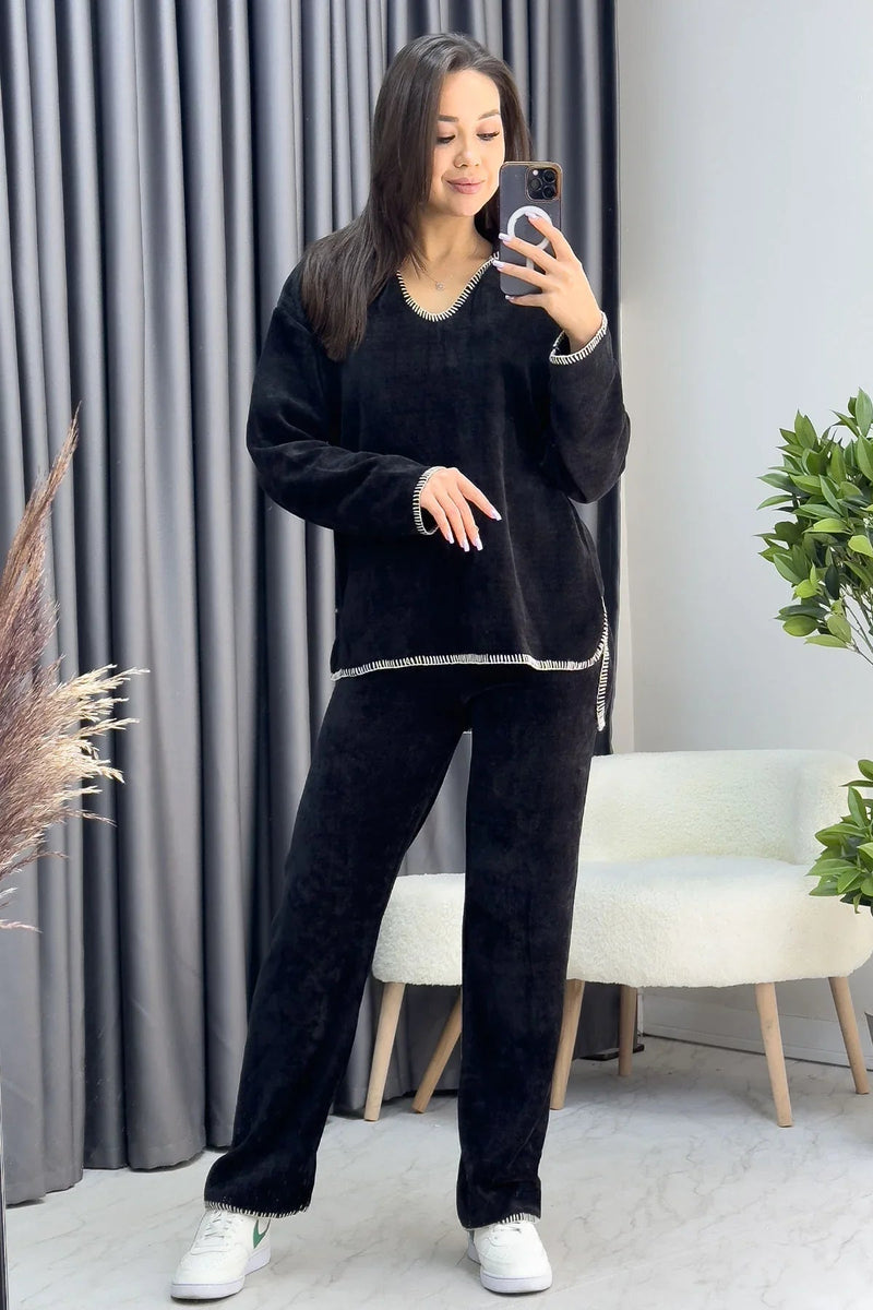 Women's Black Velvet Yumoş Two-Piece Set