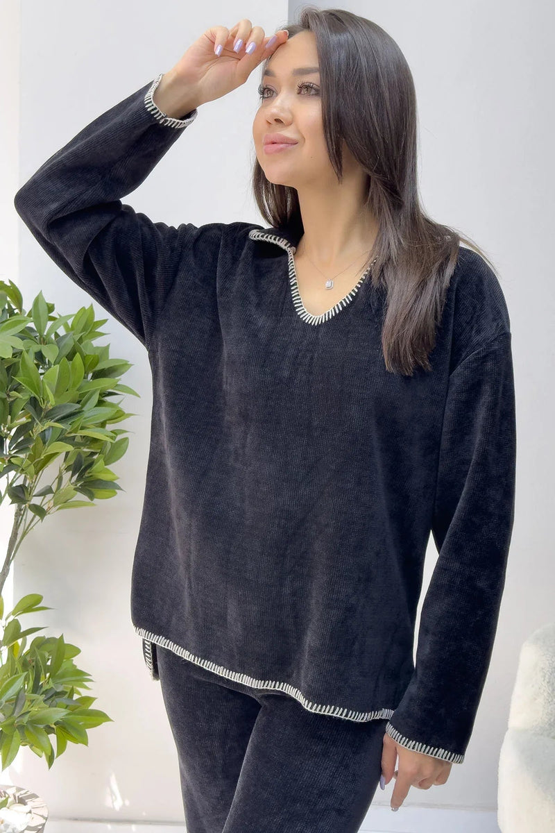 Women's Black Velvet Yumoş Two-Piece Set