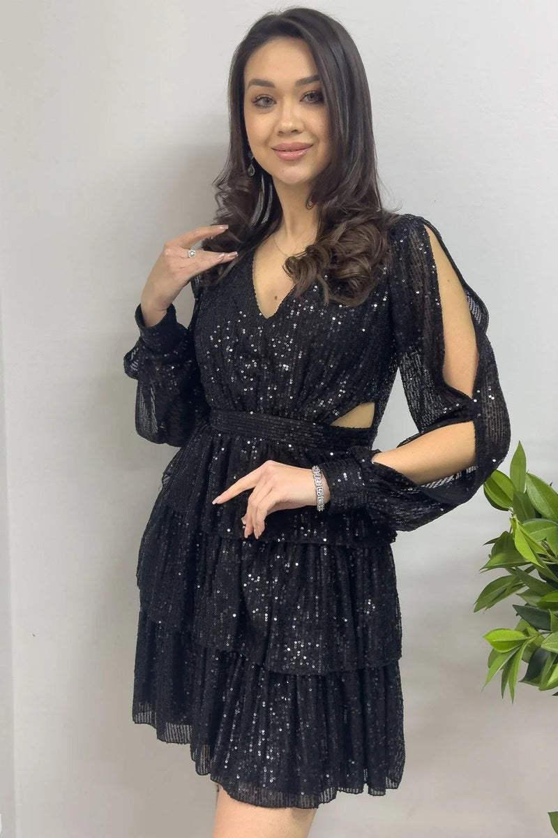 Women's Black Sequin Open Back Mini After Evening Gown - the ZKS