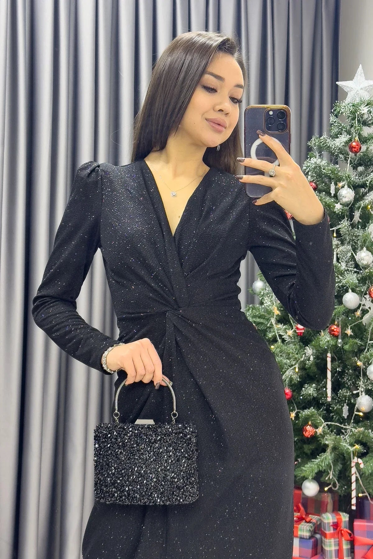 Women's Black Glitter V-Neck Büzgü Detail Midi Dress - the ZKS