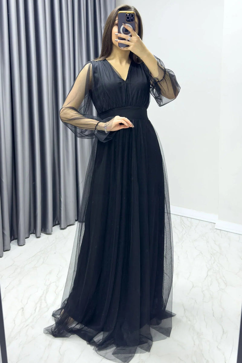 Women's Black V-Neck Tulle Evening Gown