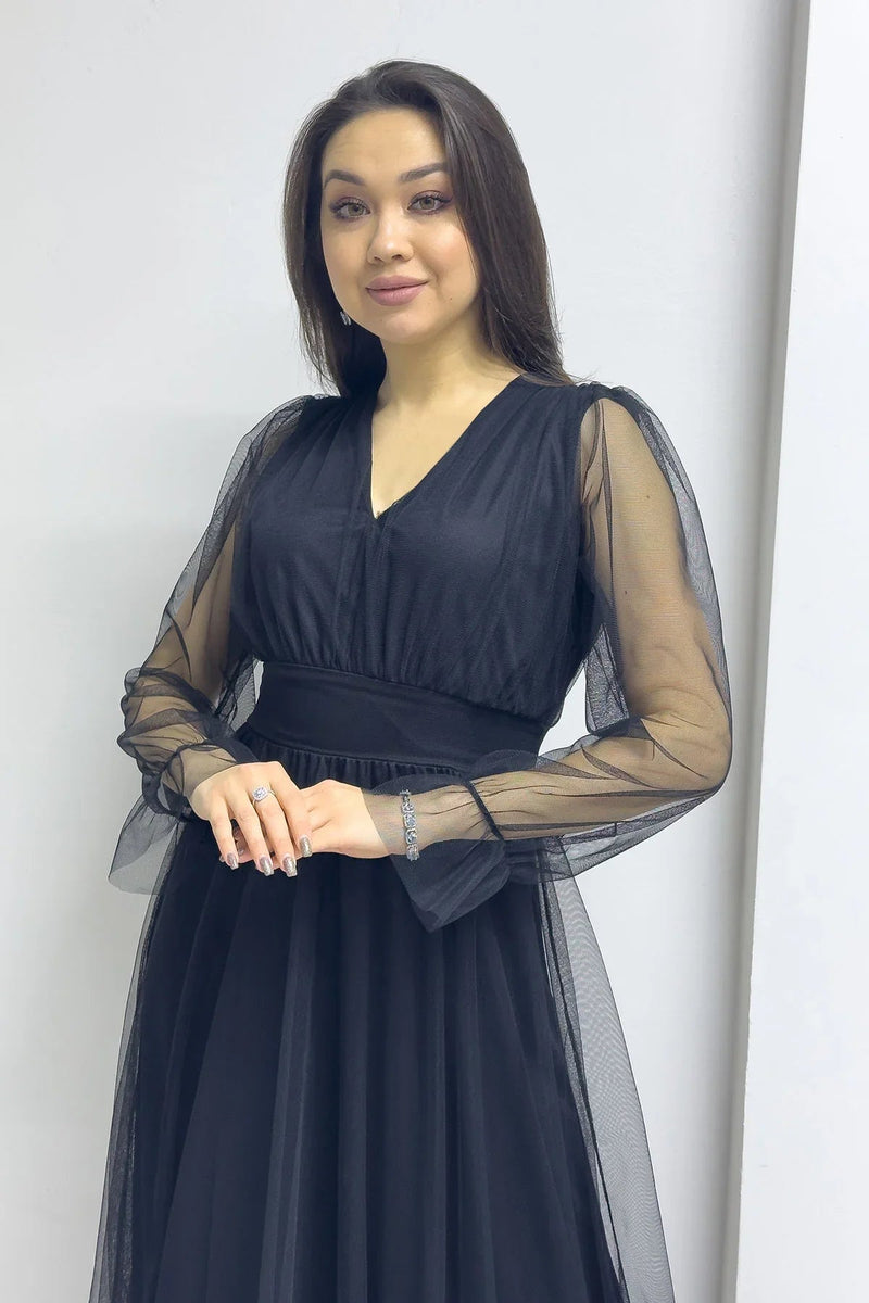 Women's Black V-Neck Tulle Evening Gown