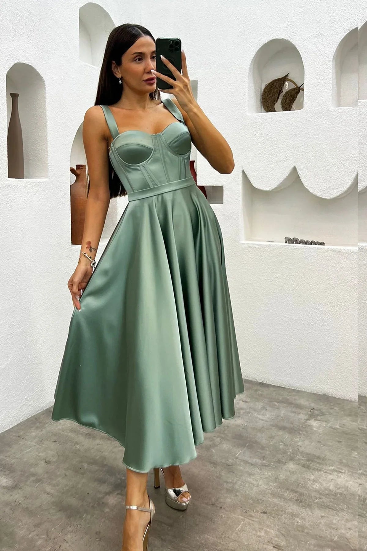 Women's Aqua Green Midi Arkadan Tie Gloplu Evening Gown,Balo,Mezuniyet Dresssi