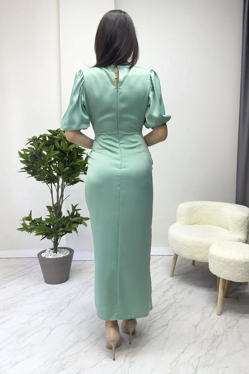 Women's Satin Balloon Sleeve Draped Yırtmaç Detail Evening Gown-Aqua Green