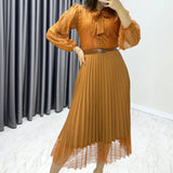 فستان سهرة متوسط ​​الطول من قماش الجيبور الفرنسي بلون بني فاتح 