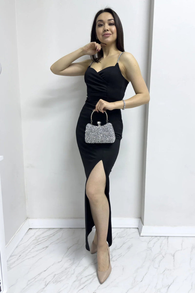 Women's Black Taş Askı Slit Crepe Dress