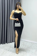 Black Stone Strap Slit Crepe Dress