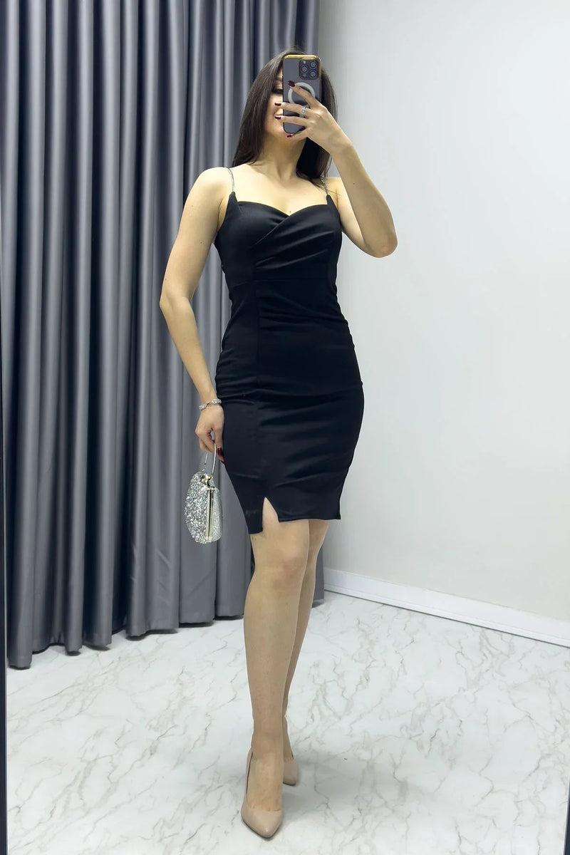 Women's Black Taş Askı Slit Crepe Mini Dress