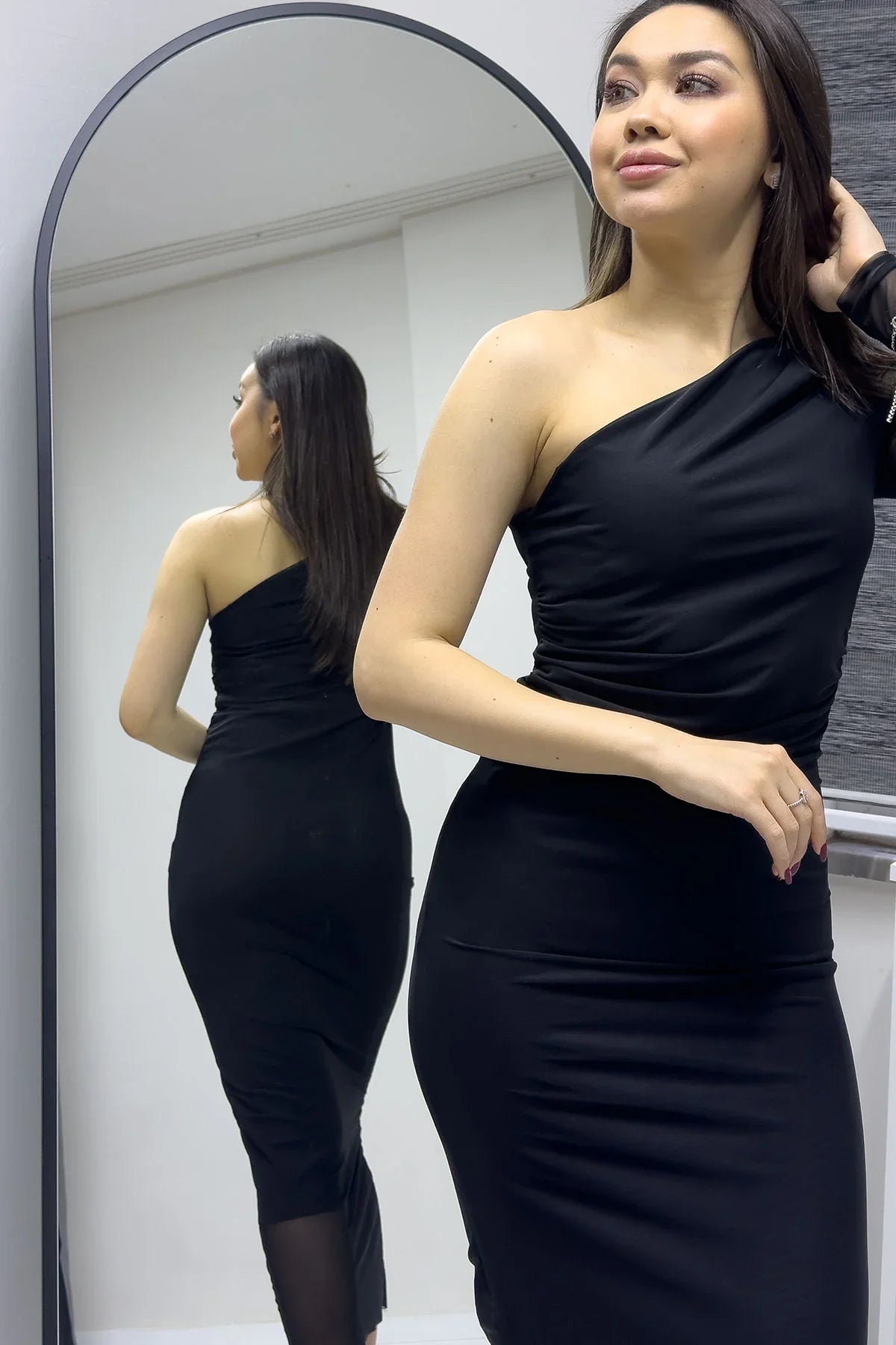 Women's Black One Shoulder Stretch Tulle Dress