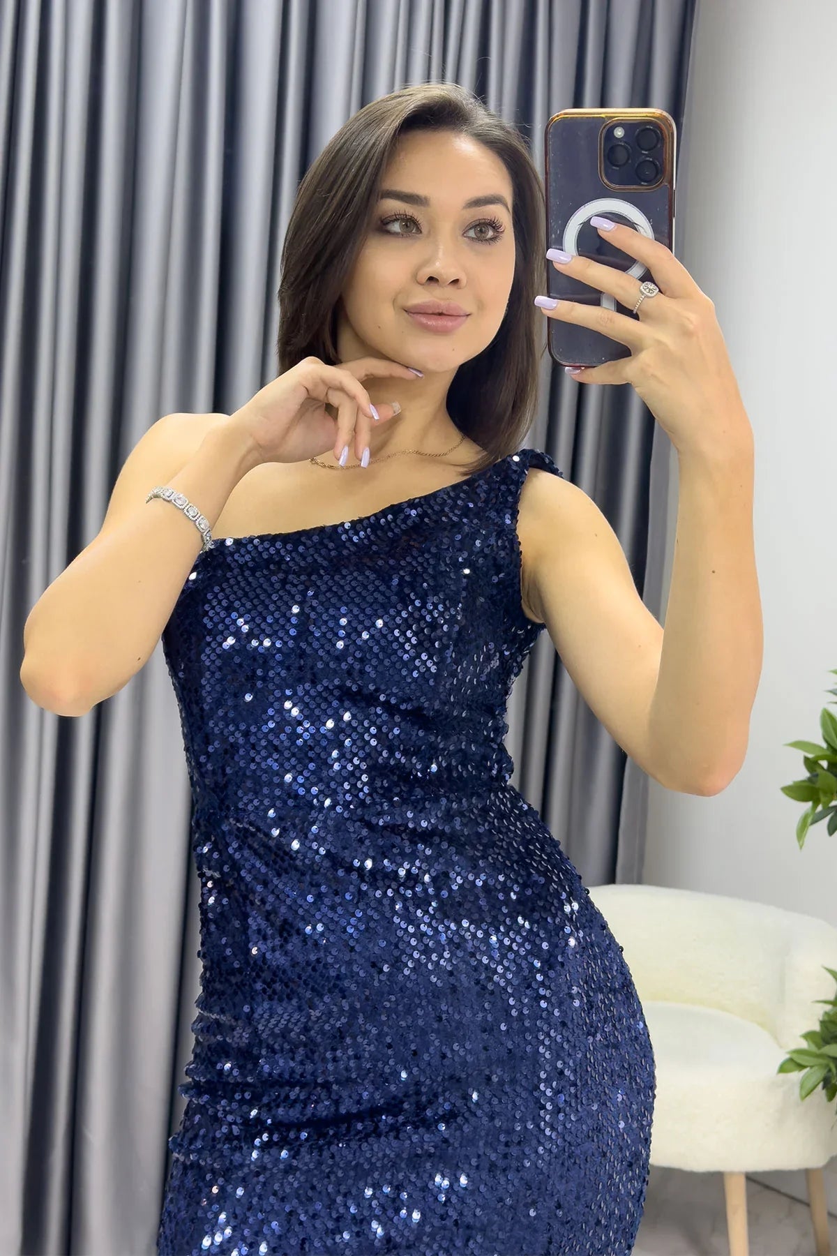 Women's Navy Blue Short Tek Omuz Sequin Slit Mermaid Evening Gown