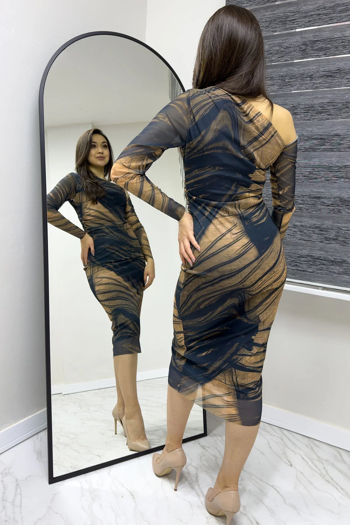 Women's Black Tek Omuz Brown Patterned Stretch Tulle Dress