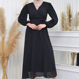 Black Cross-Over Neck Midi Length Chiffon Dress