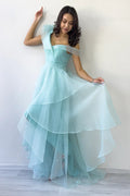 Aqua Green Asymmetrical Skirt Tulle Evening Dress