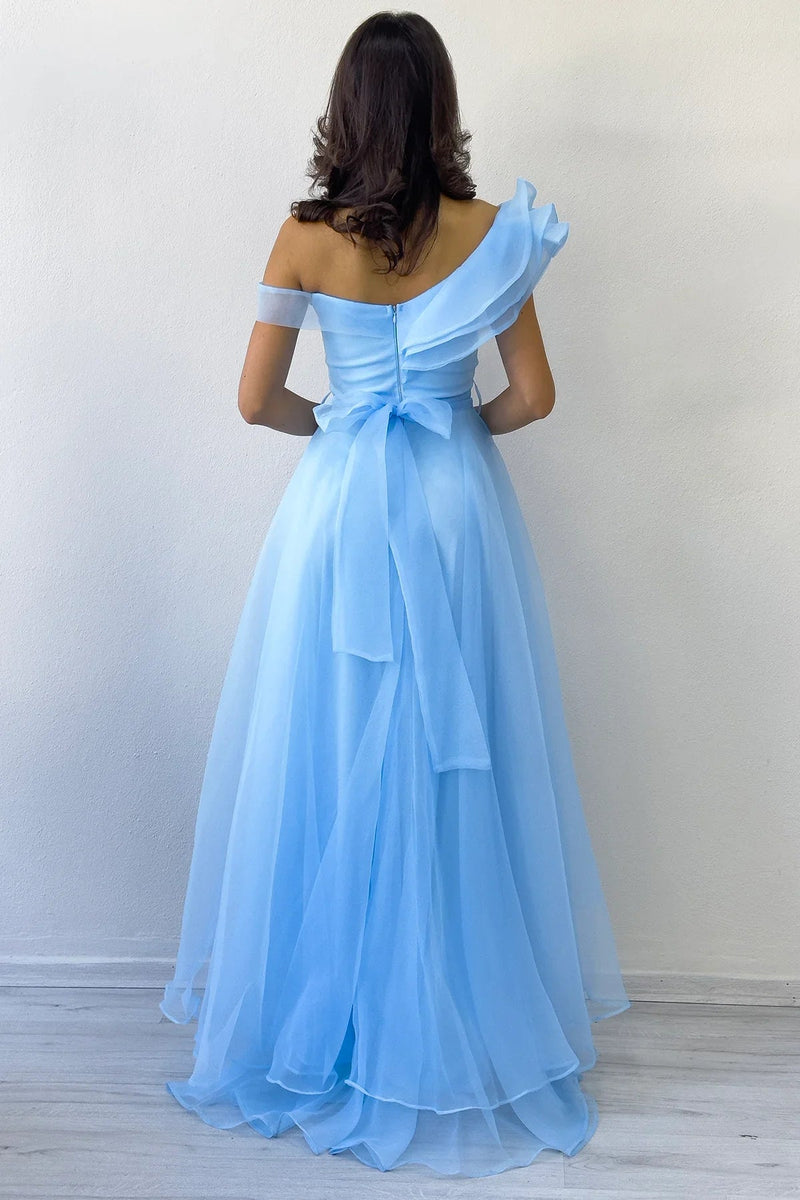 Women's Baby Blue Off-Shoulder Asymmetric Skirt Tulle Evening Gown