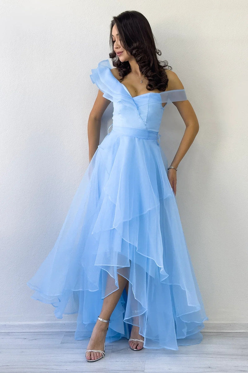 Women's Baby Blue Off-Shoulder Asymmetric Skirt Tulle Evening Gown