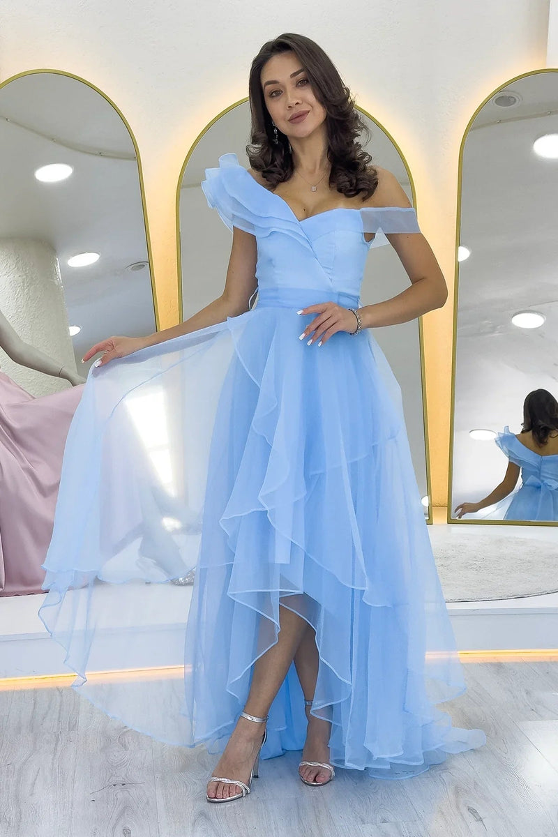 Women's Baby Blue Off-Shoulder Asymmetric Skirt Tulle Evening Gown