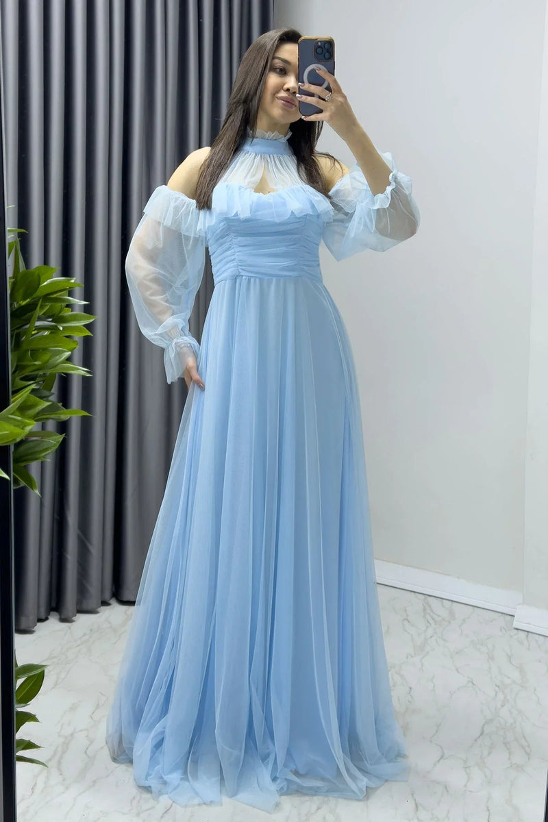 Women's Baby Bluesi Tulle Draped Flared Evening Gown