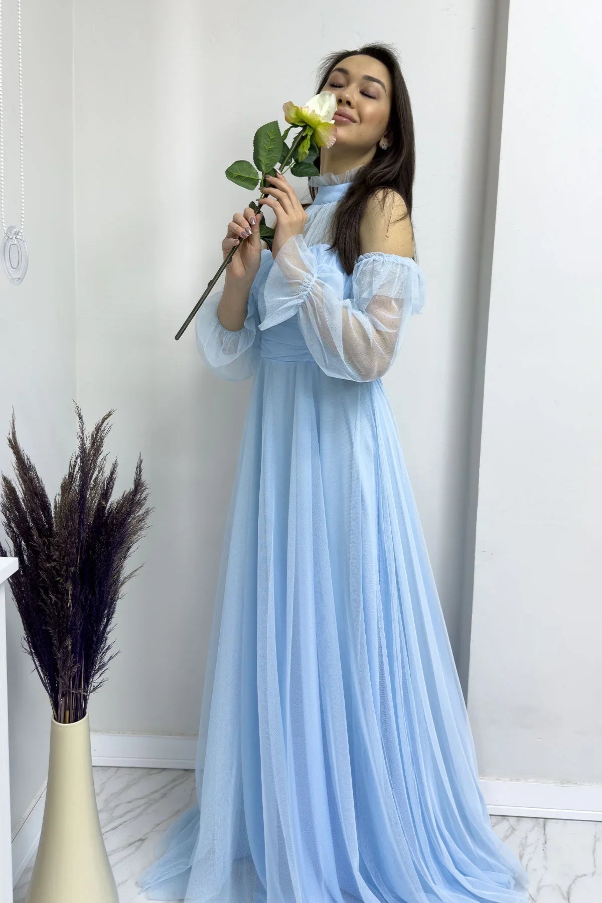 Women's Baby Bluesi Tulle Draped Flared Evening Gown