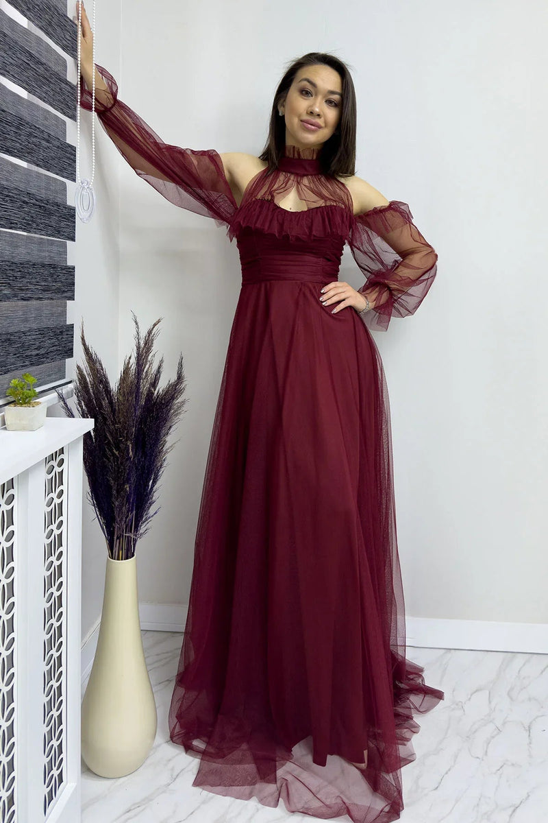 Women's Burgundy Tulle Draped Flared Evening Gown