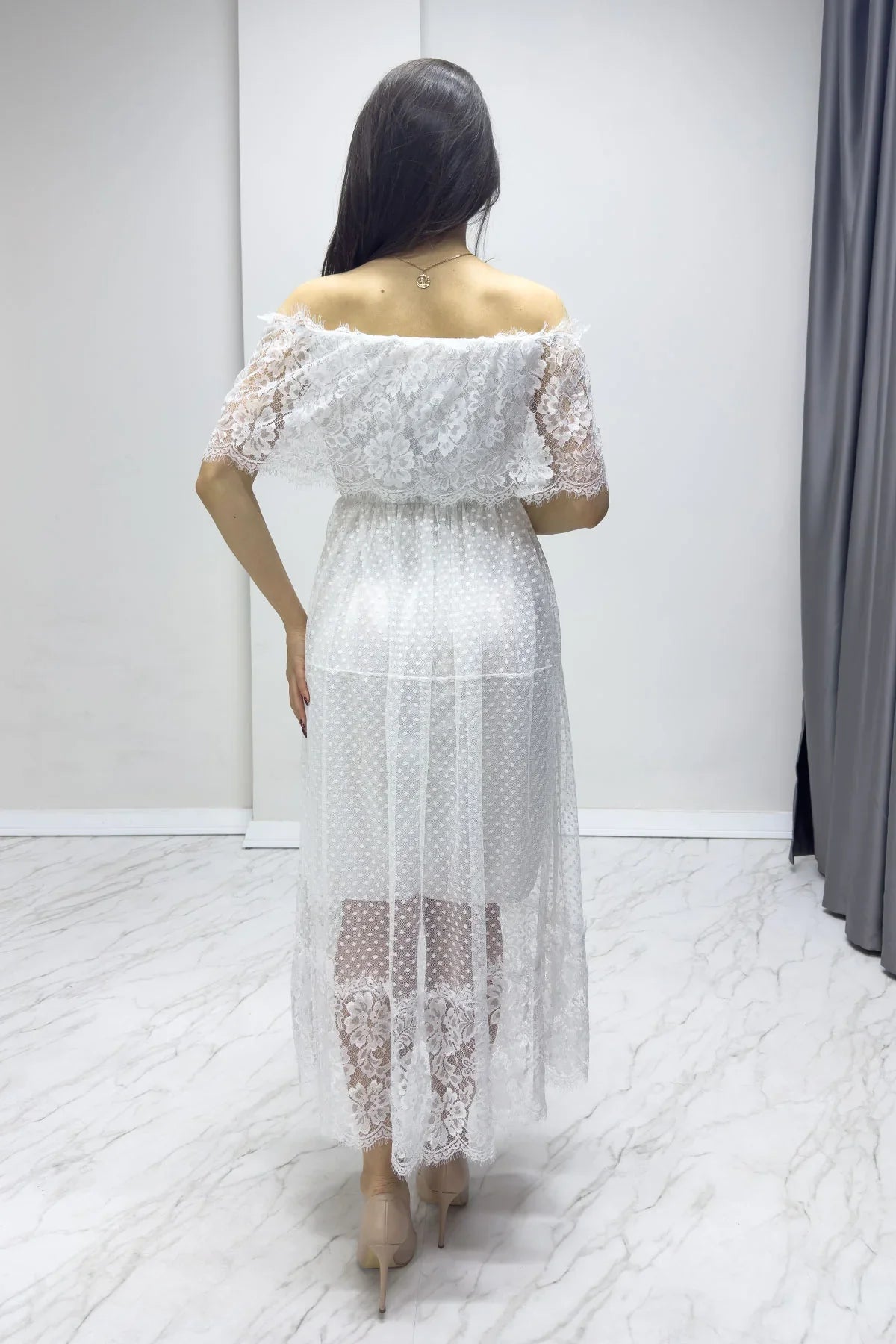 Women's White Güpür Detail Carmen Neck Madonna Plus Size Dress