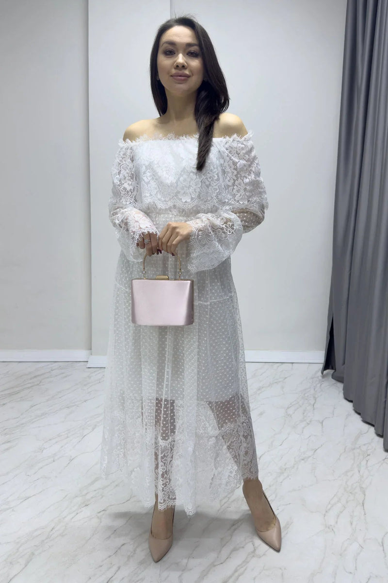 Women's White Long Sleeve Tulle Carmen Madonna Collar Güpür Plus Size Dress