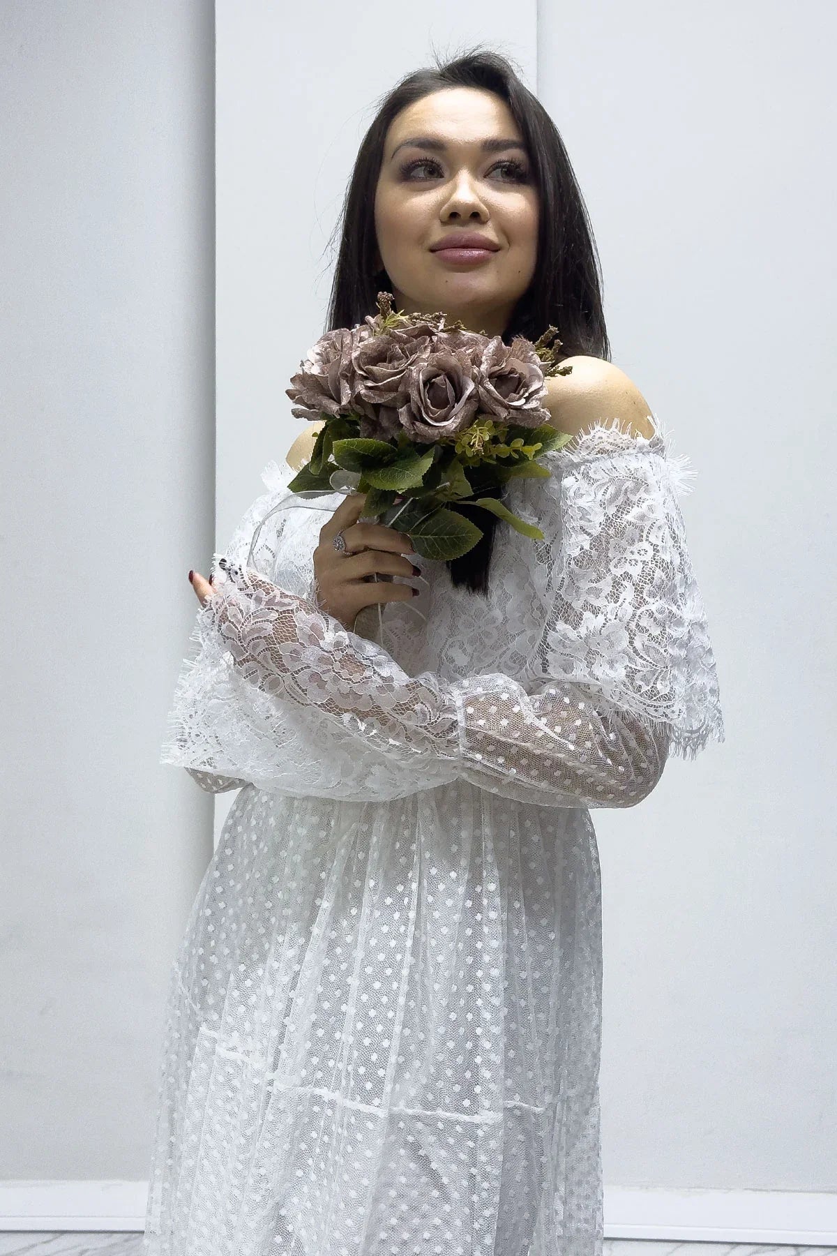 Women's White Long Sleeve Tulle Carmen Madonna Collar Güpür Plus Size Dress