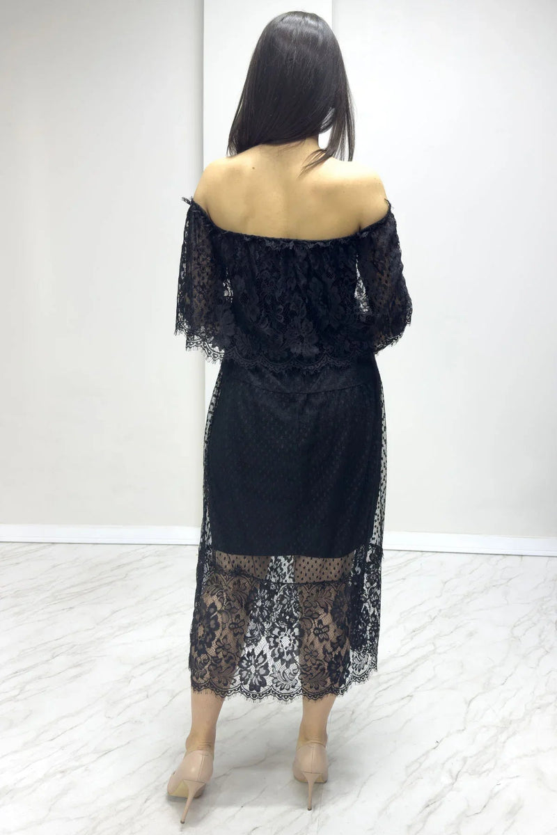 Women's Black Long Sleeve Tulle Carmen Madonna Collar Güpür Plus Size Dress