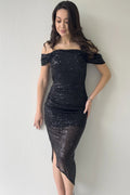 Black Off-Shoulder Midi Sequin Evening Dress