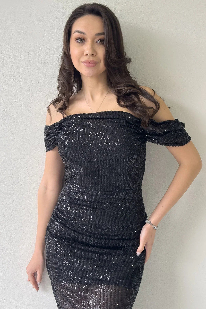 Women's Black Asymmetric Skirt Off-Shoulder Midi Sequin Evening Gown