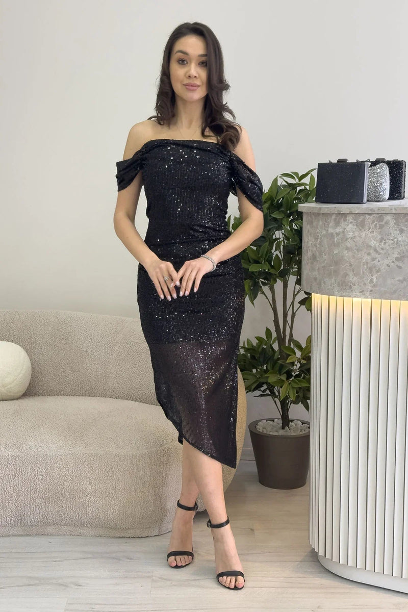 Women's Black Asymmetric Skirt Off-Shoulder Midi Sequin Evening Gown