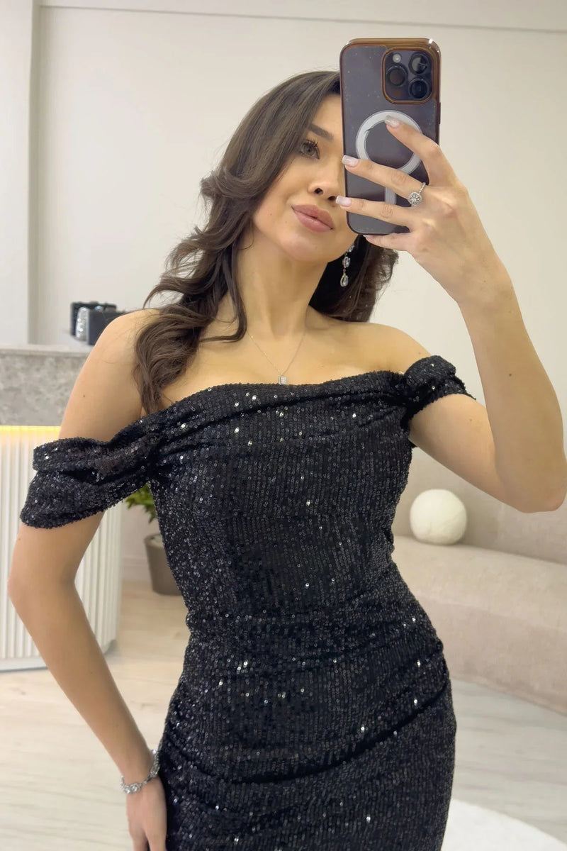 Women's Black Asymmetric Skirt Off-Shoulder Midi Sequin Evening Gown